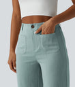 High Waisted Straight Leg Casual Linen-Feel Pants with Pockets - Silverwood Sage