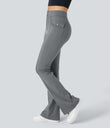 High Waisted Side Flap Pocket Flare Casual Cargo Pants - Brick Gray