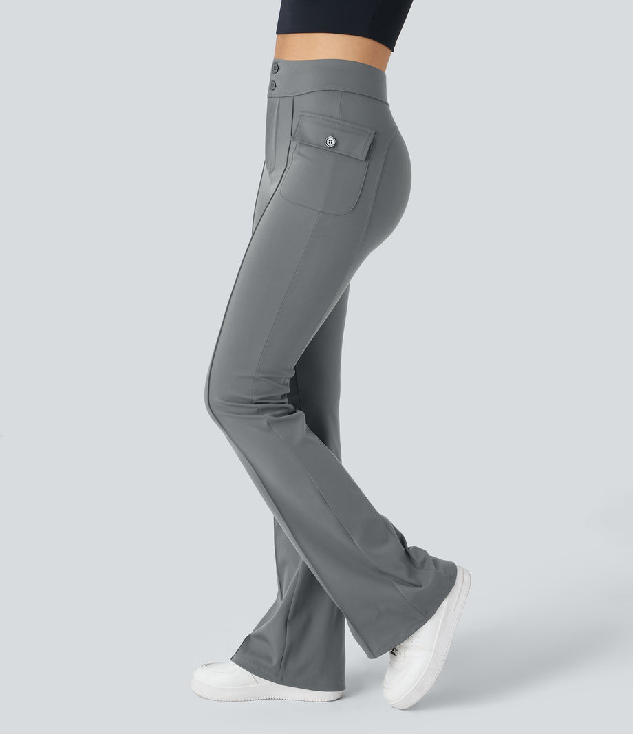 High Waisted Side Flap Pocket Flare Casual Cargo Pants - Brick Gray