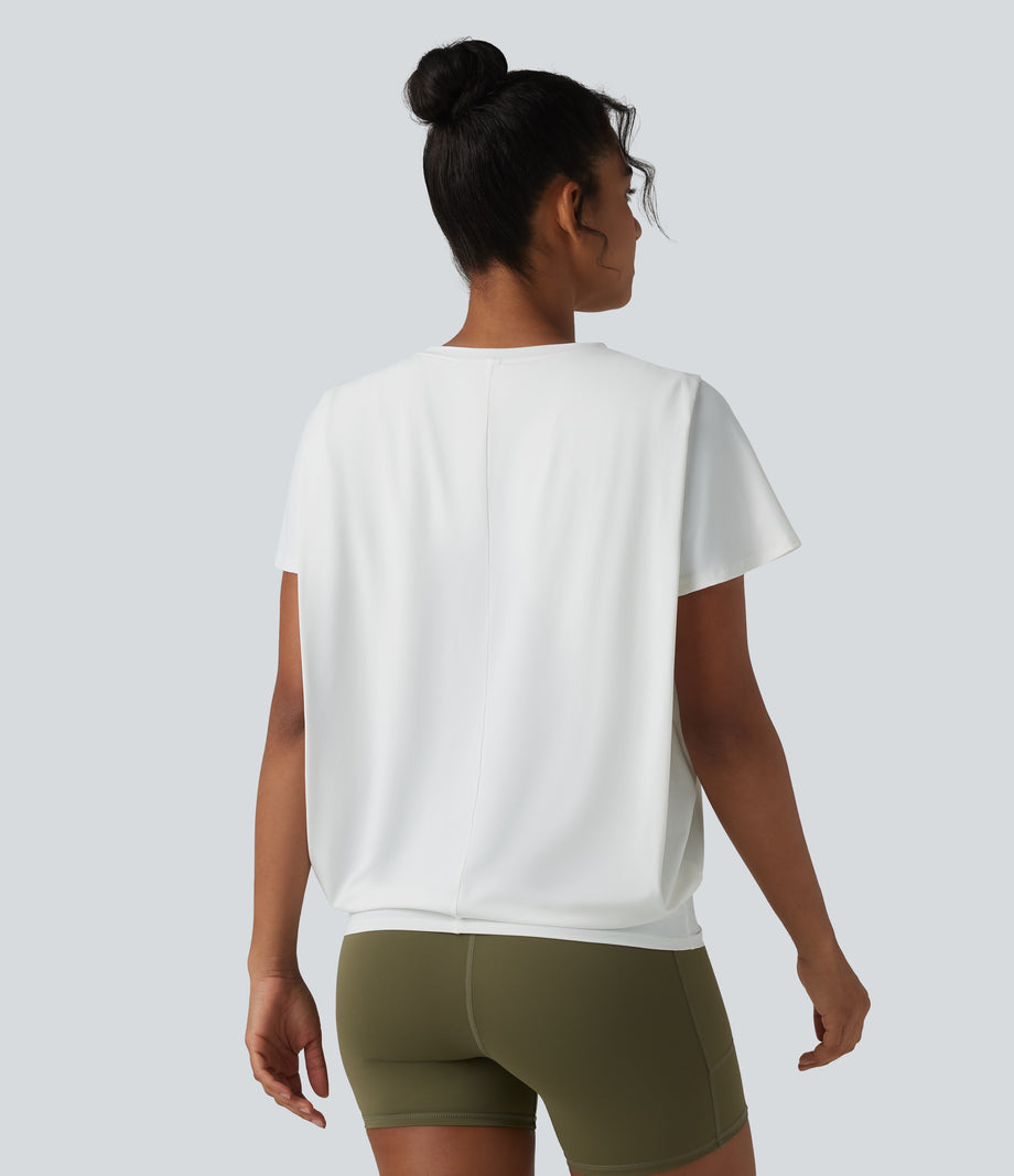 Round Neck Short Sleeve Ruched Cool Touch Yoga Sports Top-UPF50+ - White