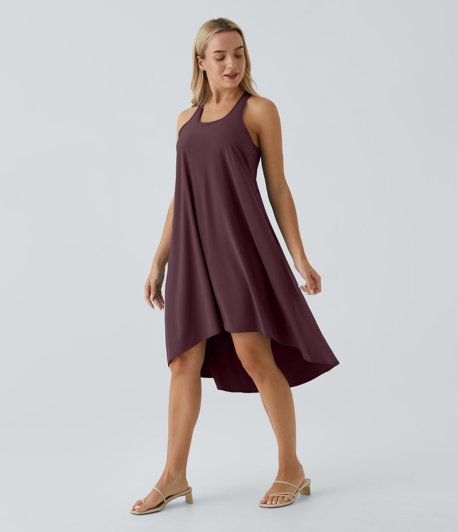 Breezeful™ Backless Racerback Side Pocket High Low Flowy Midi Quick Dry Casual Dress - Amaranth