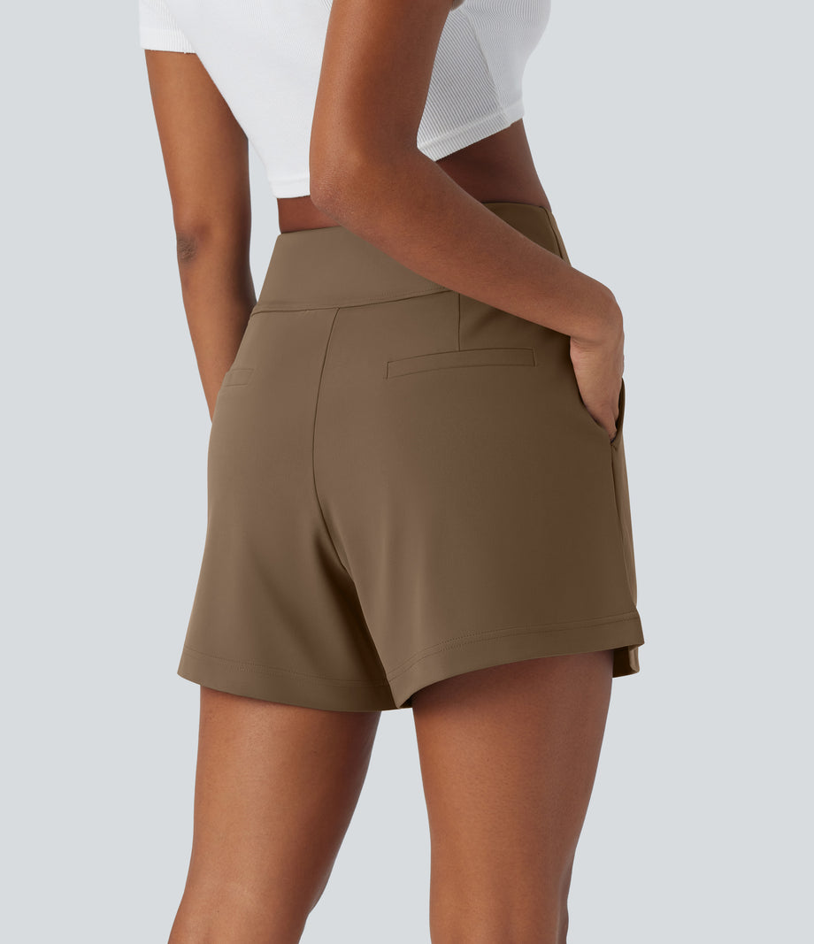 DayStretch High Waisted Work Baggy Shorts 4'' with Pockets - Sepia