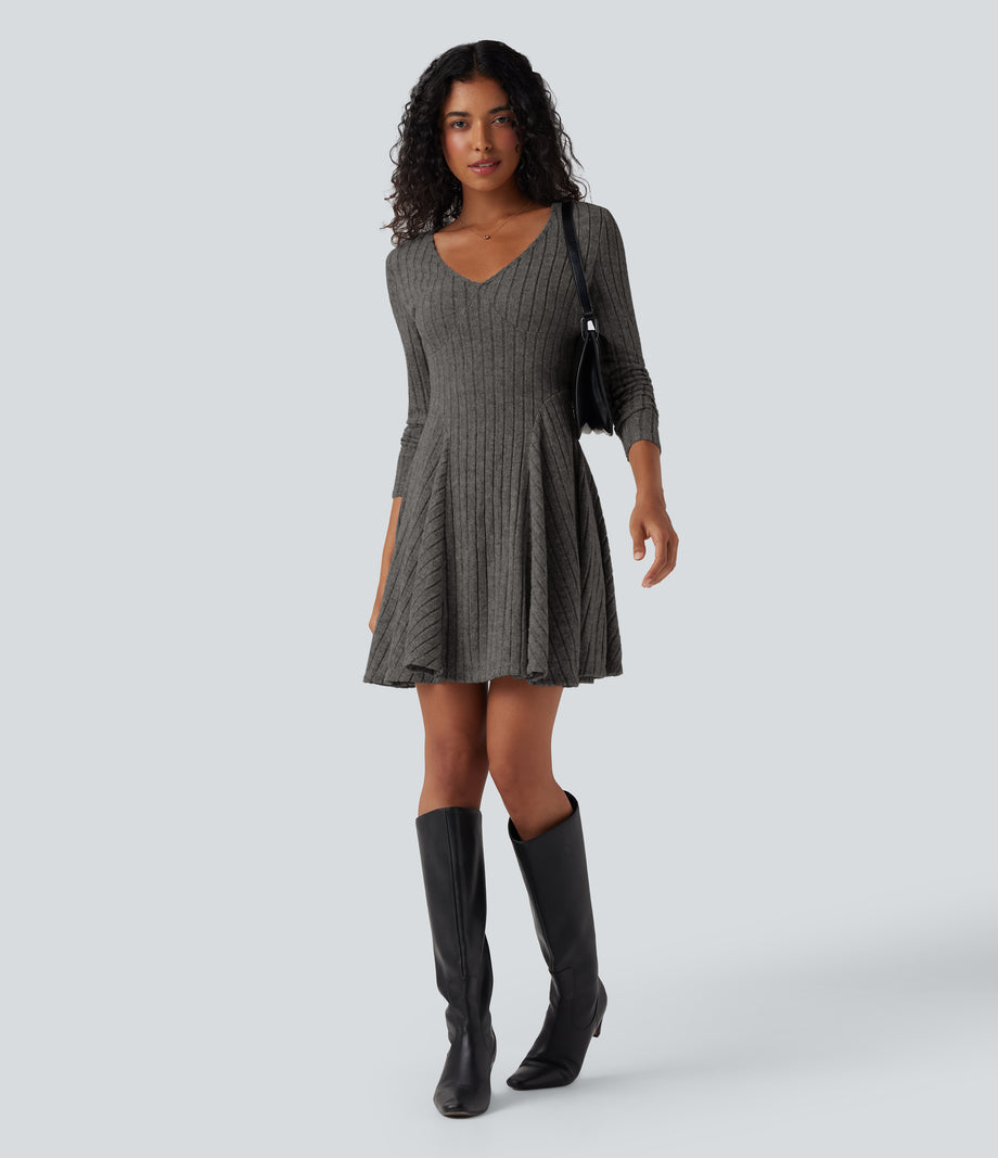 Ribbed Knit V Neck Long Sleeve Flare Mini Casual Dress with Pockets - Mottled Dark Gray