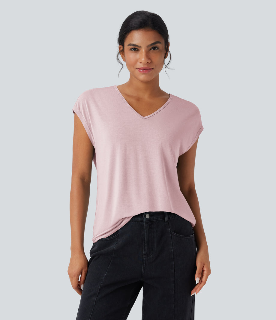 V Neck Short Sleeve Casual T-Shirt - Porcelain Pink