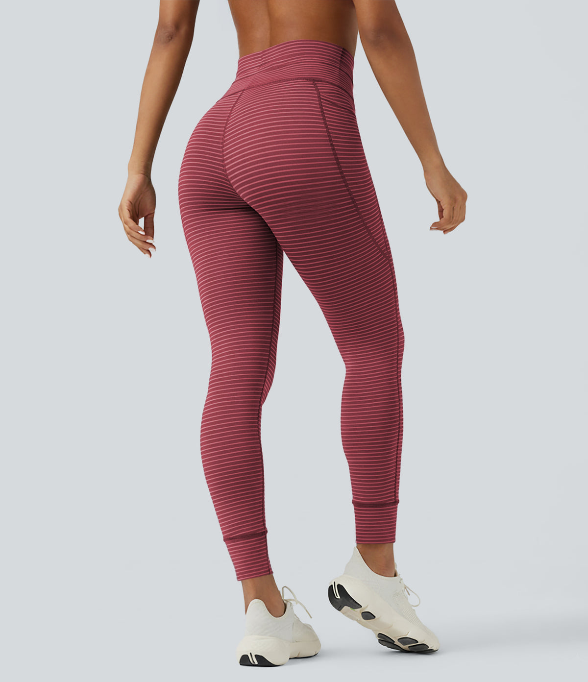 High Waisted Drawstring Striped Yoga Leggings with Pockets - Crimson Rose