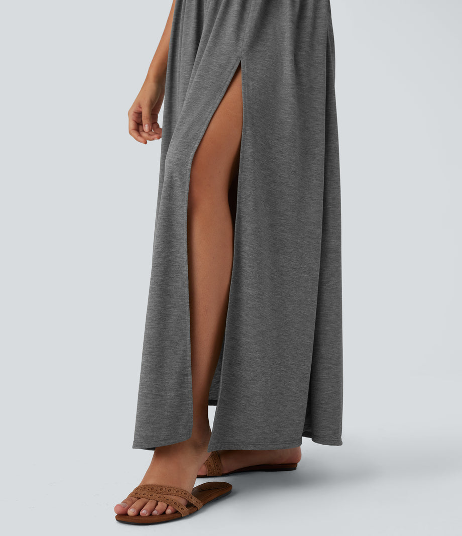 Twisted Backless Split Flowy Maxi Resort Dress with Pockets - Darl Gray Floral Yarn