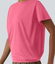 Round Neck Short Sleeve Ruched Cool Touch Yoga Sports Top-UPF50+ - Pink Lemonade