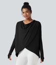 Hooded Cowl Neck Long Sleeve Thumb Hole Yoga Sports Top with Pockets - Black