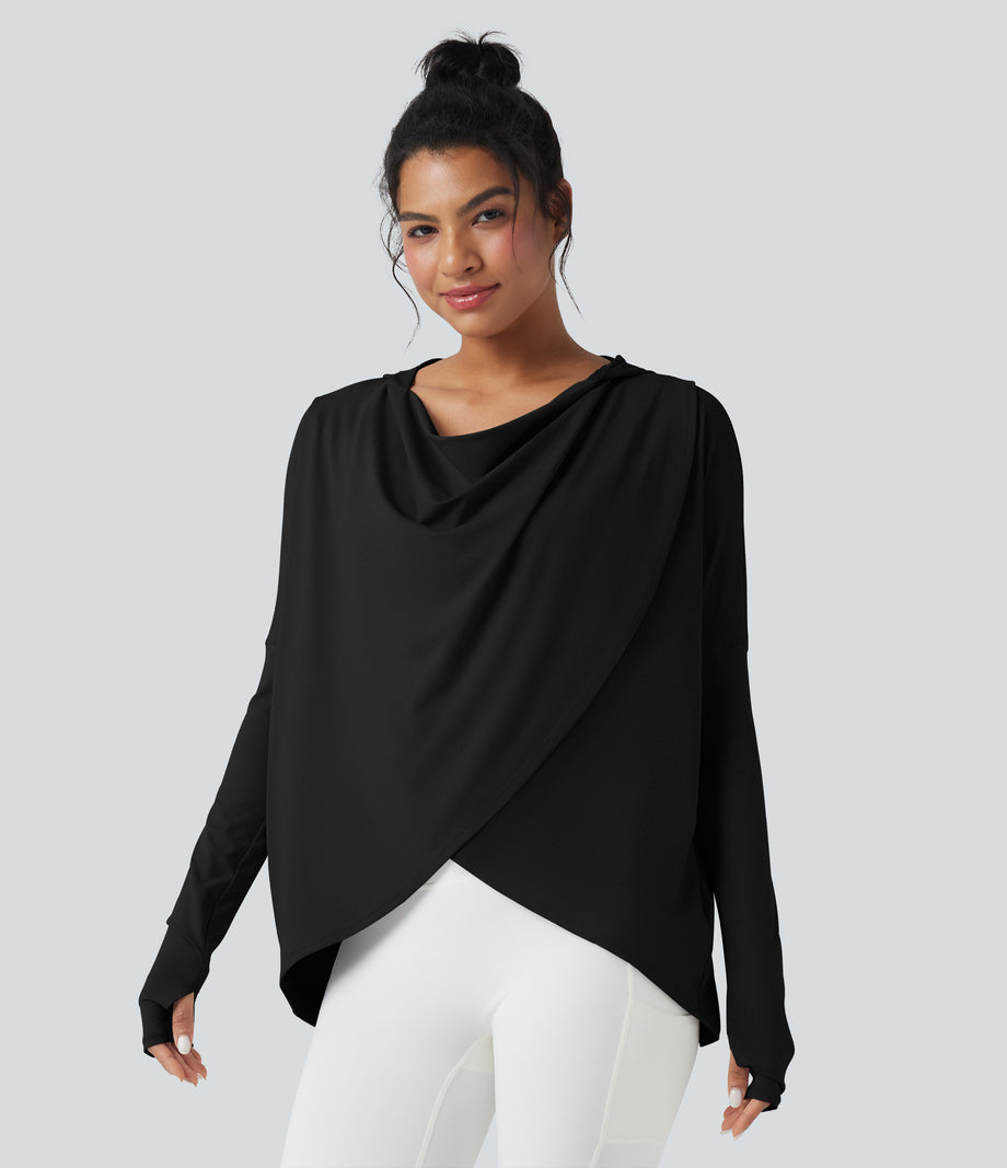 Hooded Cowl Neck Long Sleeve Thumb Hole Yoga Sports Top with Pockets - Black