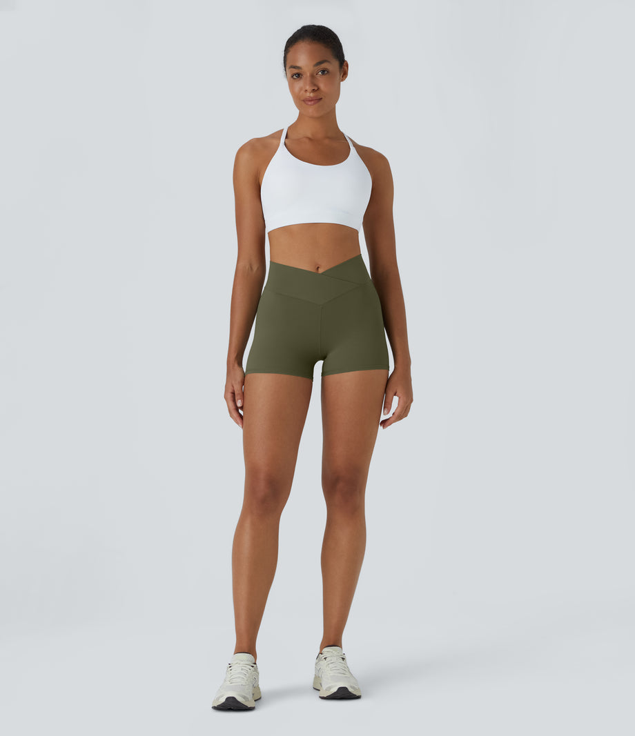 SoftlyZero™ High Waisted Crossover Plain Yoga Biker Shorts 3''-UPF50+ - Grass Grey Green