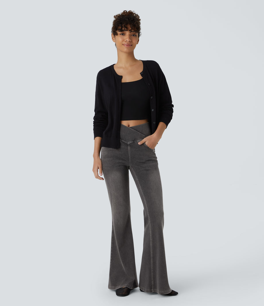 Halara Flex™ High Waisted Crossover Pocket Washed Casual Flare Jeans - Charcoal Black Denim