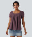 Square Neck Short Sleeve Casual Top - Plum Wine