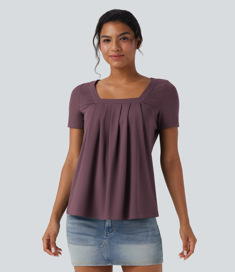 Square Neck Short Sleeve Casual Top - Plum Wine