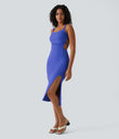 Ruched Lace Up Bodycon Midi Casual Dress - Aster Blue