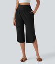 Breezeful™ High Waisted Tummy Control Hem Quick Dry Capri Pants with Pockets - Black