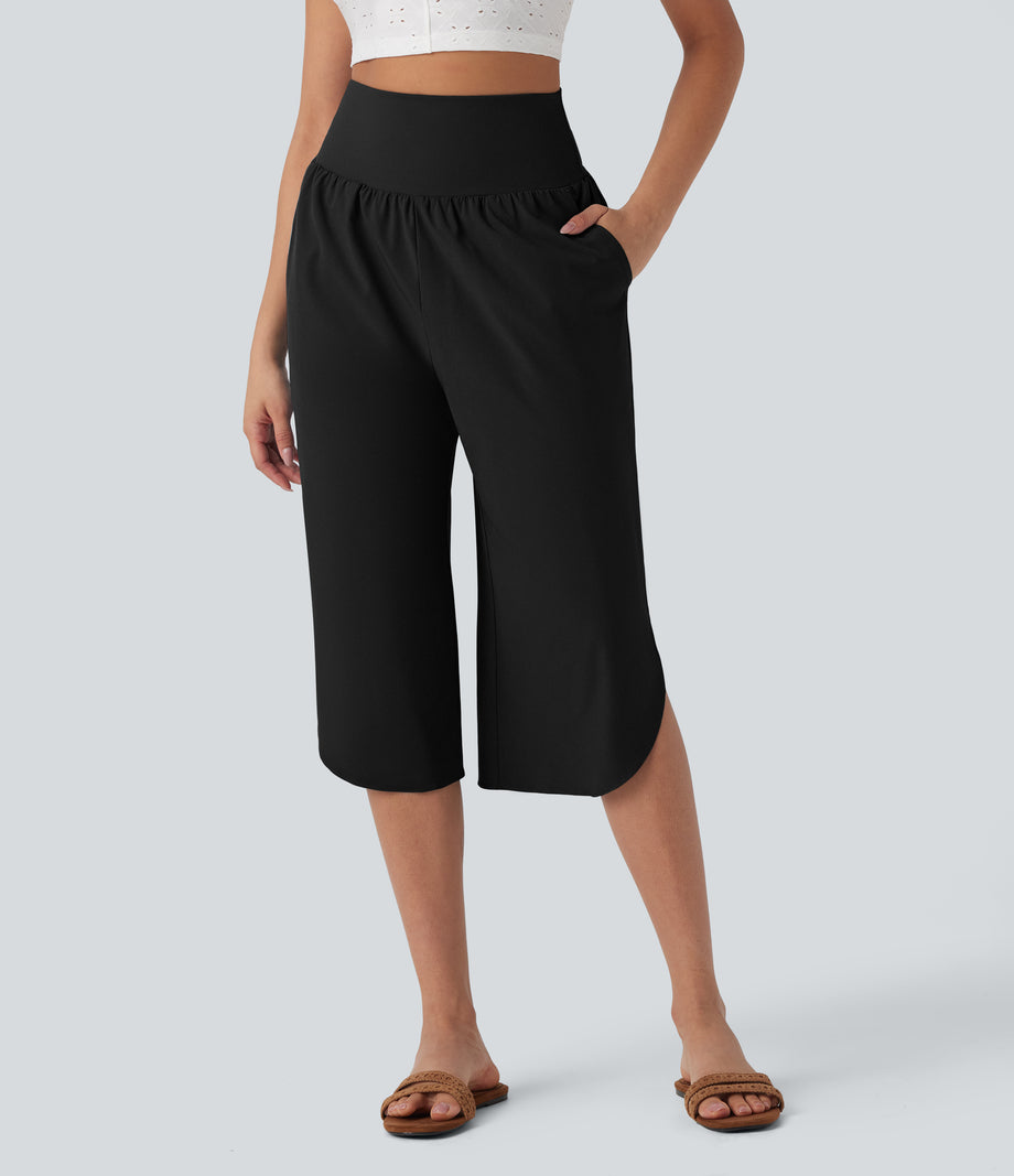 Breezeful™ High Waisted Tummy Control Hem Quick Dry Capri Pants with Pockets - Black