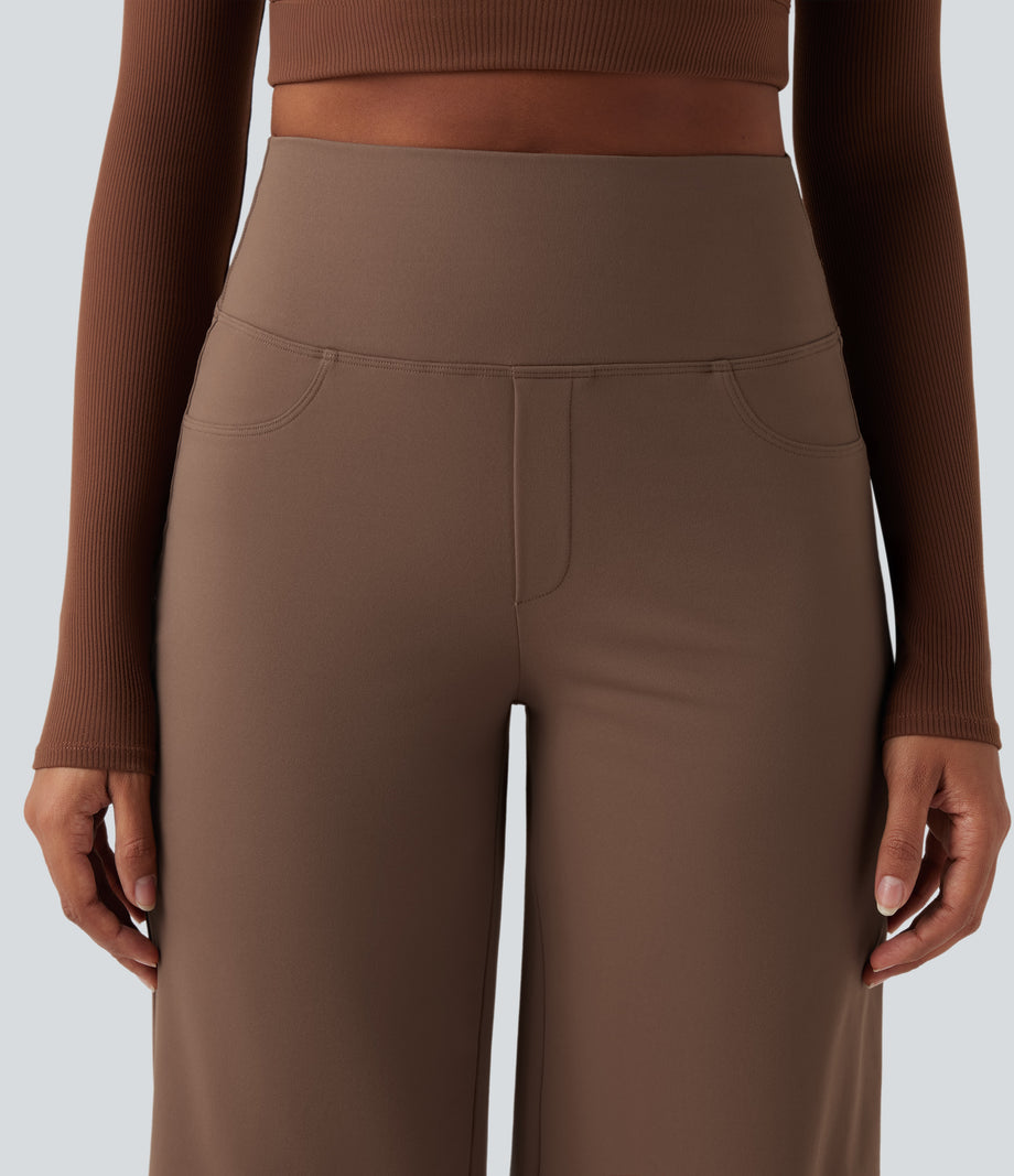 DayStretch High Waisted Tummy Control Wide Leg Baggy Yoga Pants with Pockets - Sepia