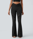 SoftlyZero™ High Waisted Crossover Pocket Contrast Lace Flare Yoga Leggings - Black