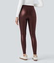 High Waisted Tummy Control Stretchy PU Fleece 7/8 Skinny Casual Leggings with Pockets - Andorra