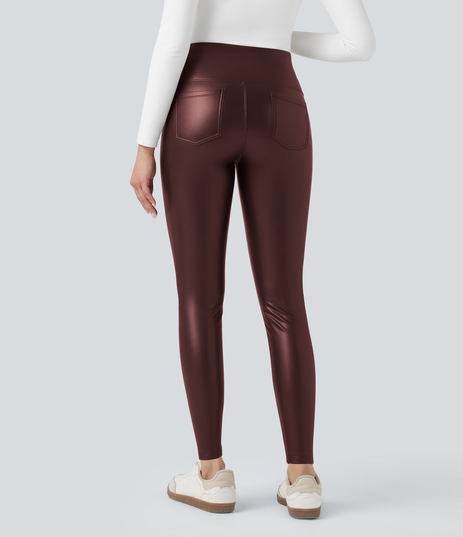 High Waisted Tummy Control Stretchy PU Fleece 7/8 Skinny Casual Leggings with Pockets - Andorra