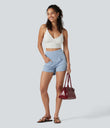 Halara Flex™ High Waisted Tummy Control Curved Hem Skinny Denim Casual Shorts with Pockets - Ice Water Denim