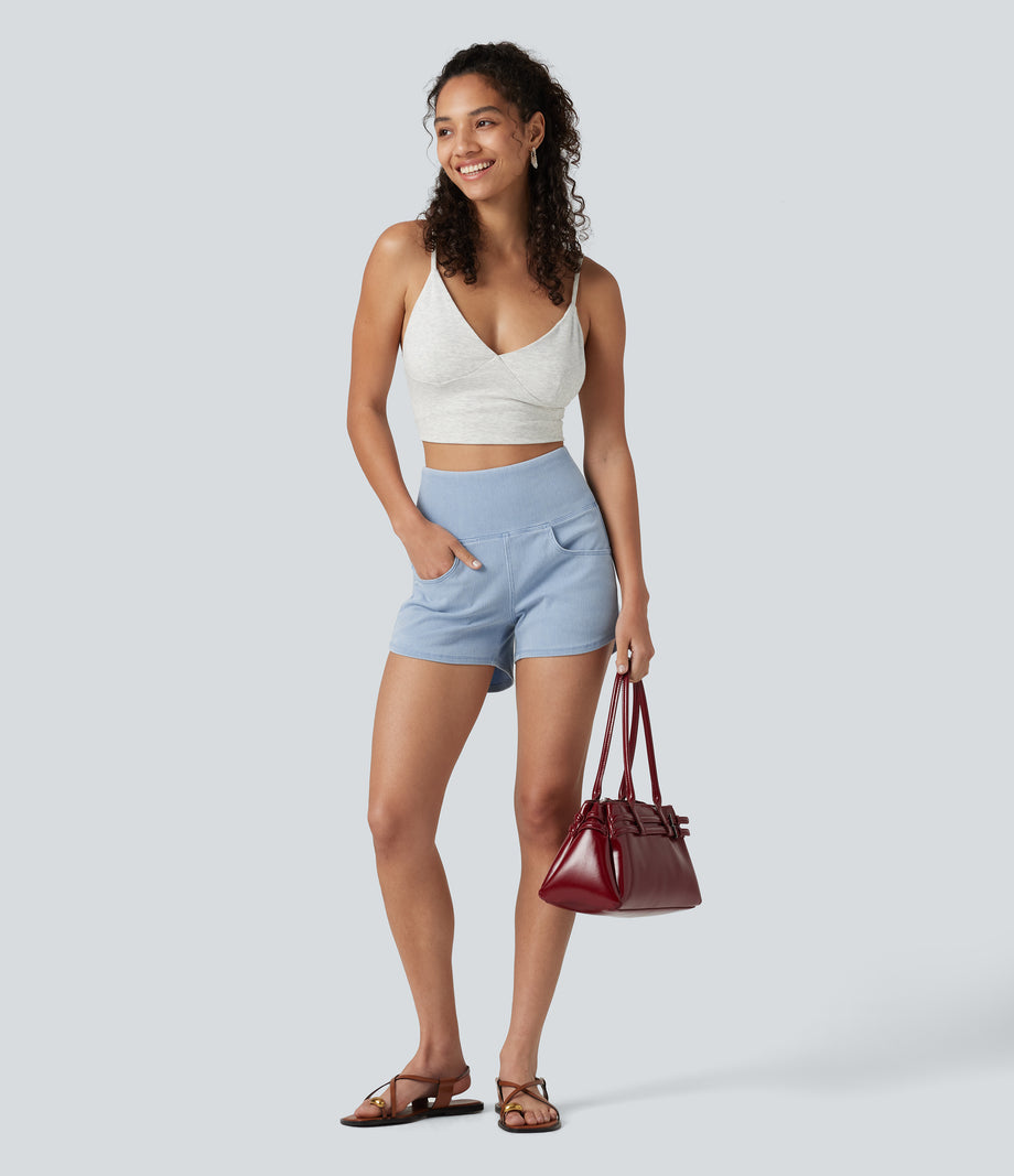 Halara Flex™ High Waisted Tummy Control Curved Hem Skinny Denim Casual Shorts with Pockets - Ice Water Denim