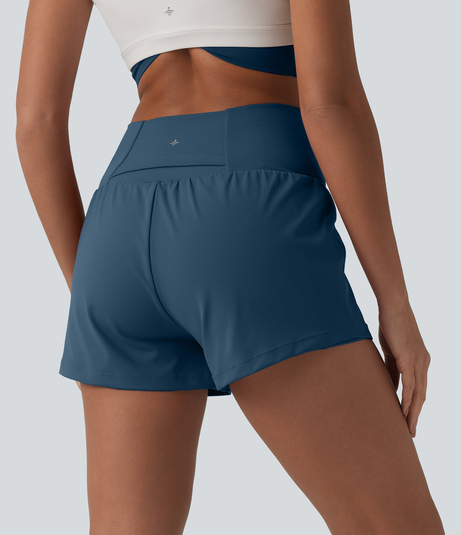 SoftlyZero™ Airy Crossover High Waisted 2-in-1 Cool Touch Yoga Shorts 3'' with Pockets - Majolica Blue