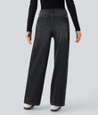 Halara Flex™ Low Rise Zipper Pockets Washed Baggy Wide Leg Casual Jeans - Dirty Black Denim