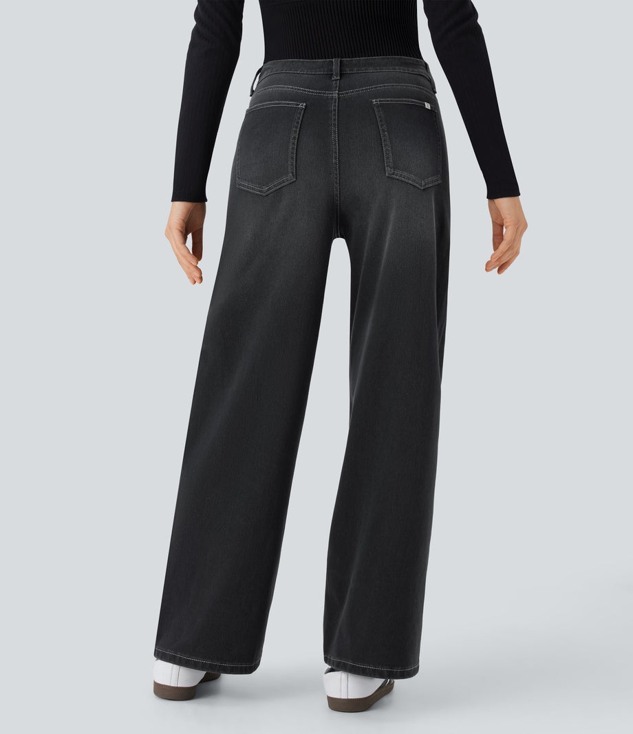 Halara Flex™ Low Rise Zipper Pockets Washed Baggy Wide Leg Casual Jeans - Dirty Black Denim