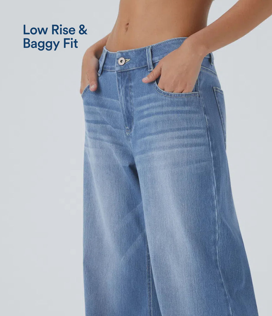 Halara Flex™ Low Rise Zipper Pockets Washed Baggy Wide Leg Casual Jeans - Blue Spruce Denim