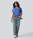 V-neck Short Sleeve Ruched Relaxed Casual Top - Sky Blue Floral Yarn