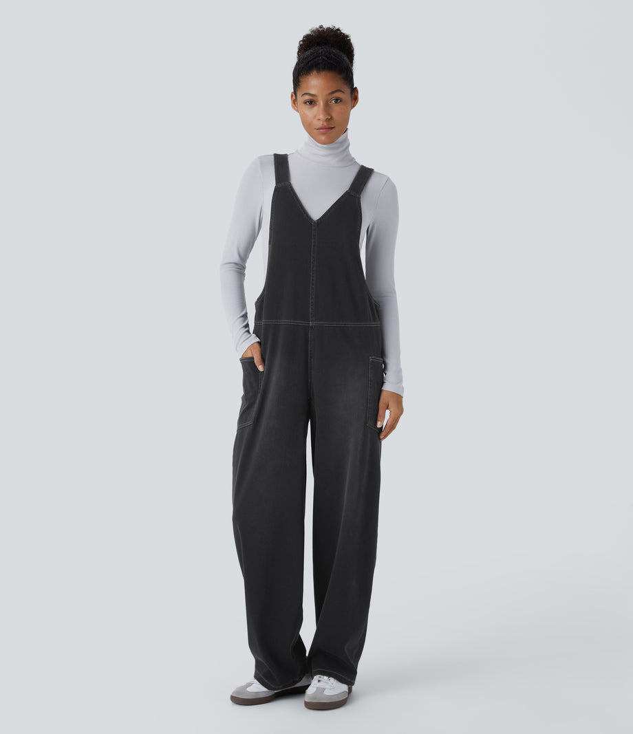 Halara Flex™ V Neck Pocket Washed Denim Casual Overalls - Dirty Grey Black Denim