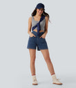 Halara Flex™ Crossover High Waisted Pockets Wide Leg A Line Washed Denim Casual Shorts - Estate Blue Denim