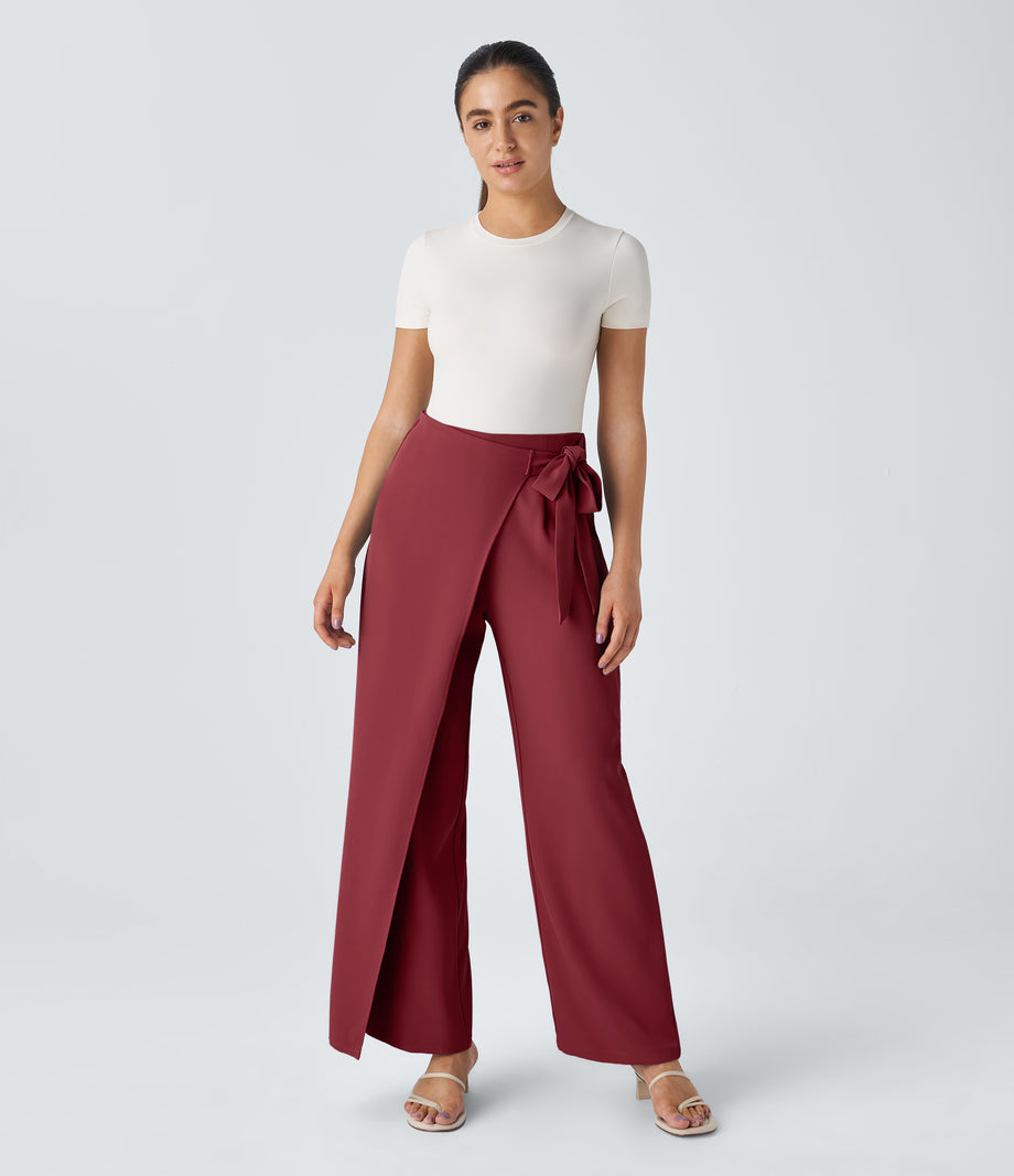 Halara Flex™ High Waisted Tie Side Wide Leg Work Pants - Plum Bossom Red