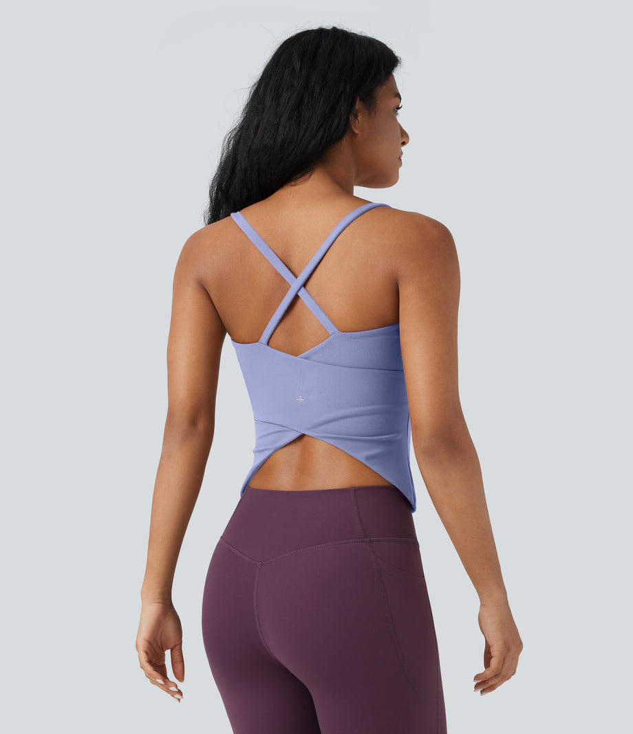 Scoop Neck Crisscross Back Crossover Hem Yoga Cami Top - Baby Lavender