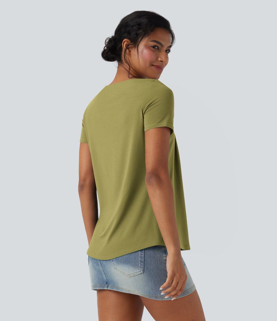 Square Neck Short Sleeve Casual Top - Moss