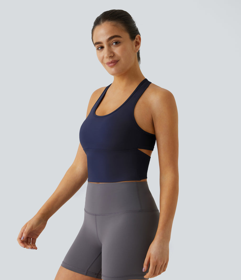 SoftlyZero™ Plush U Neck Racerback Cut Out Cropped Yoga Tank Top - Peacoat