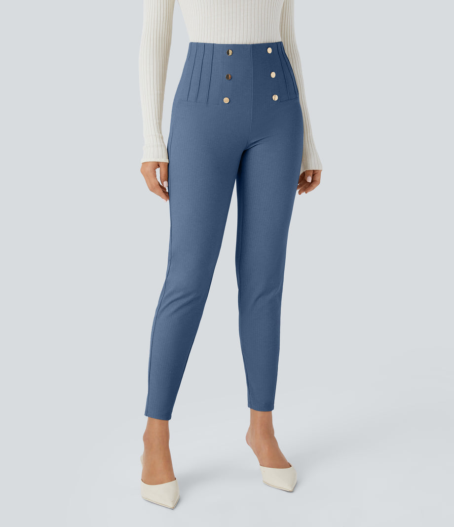 High Waisted Tummy Control Decorative Back Zipper Pockets Herringbone Work Leggings - Blue Horizon
