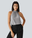 Keyhole Back Halter Sleeveless Curved Hem Work Blouse - Sandalwood Grey