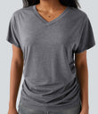 V-neck Short Sleeve Ruched Relaxed Casual Top - Darl Gray Floral Yarn