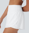 SoftlyZero™ QuickDry High Waisted Tummy Control Reflective Dots Crossover Hem 2-in-1 Running Shorts 3'' with Pockets - White
