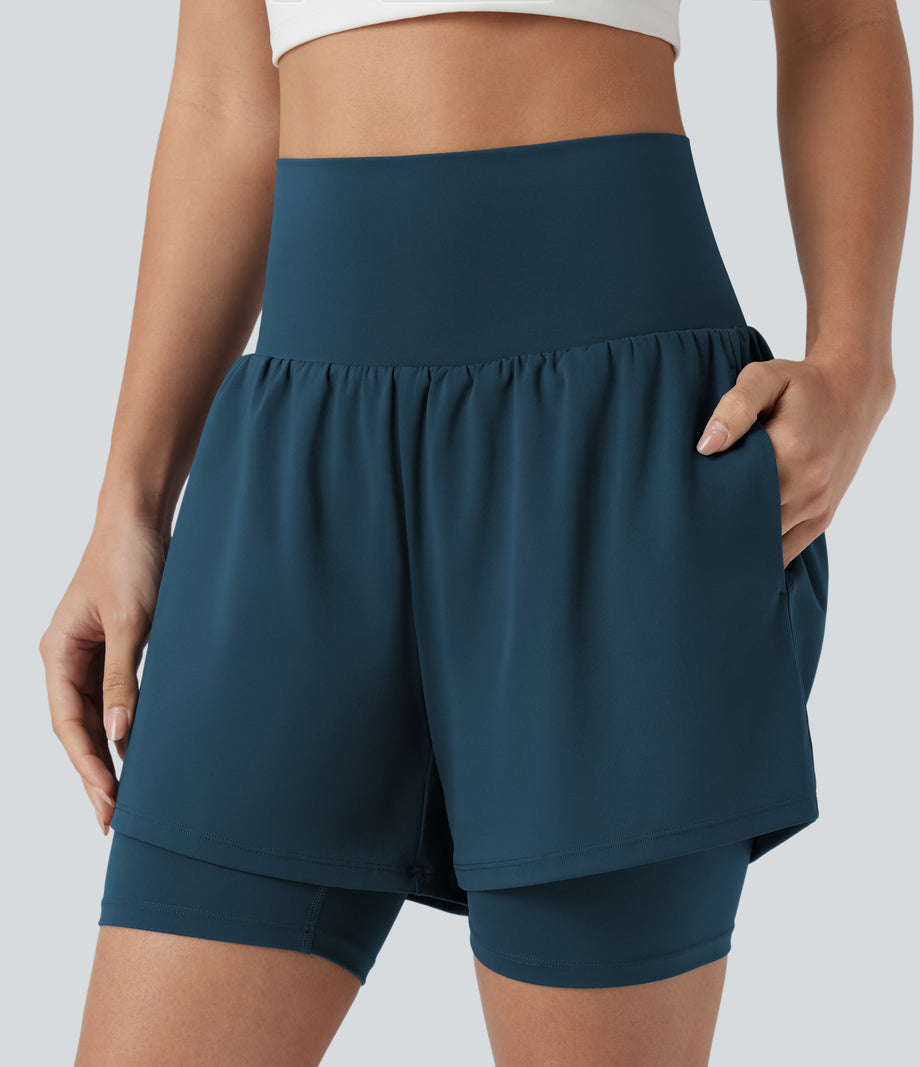 SoftlyZero™ Airy Super High Waisted 2-in-1 Cool Touch Yoga Shorts 7'' with Pockets - Majolica Blue