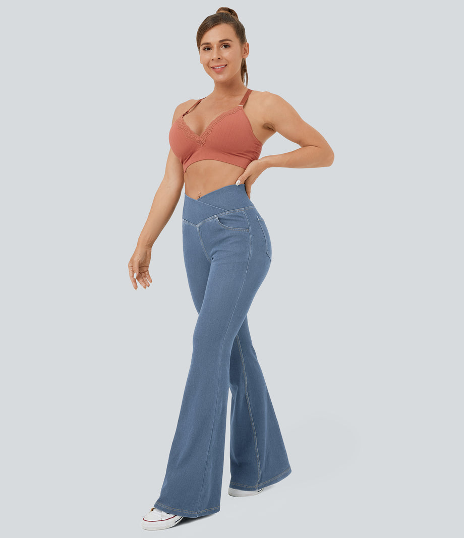 Halara Flex™ High Waisted Crossover Pocket Cool Touch Washed Casual Jeans - Pastel Blue Denim