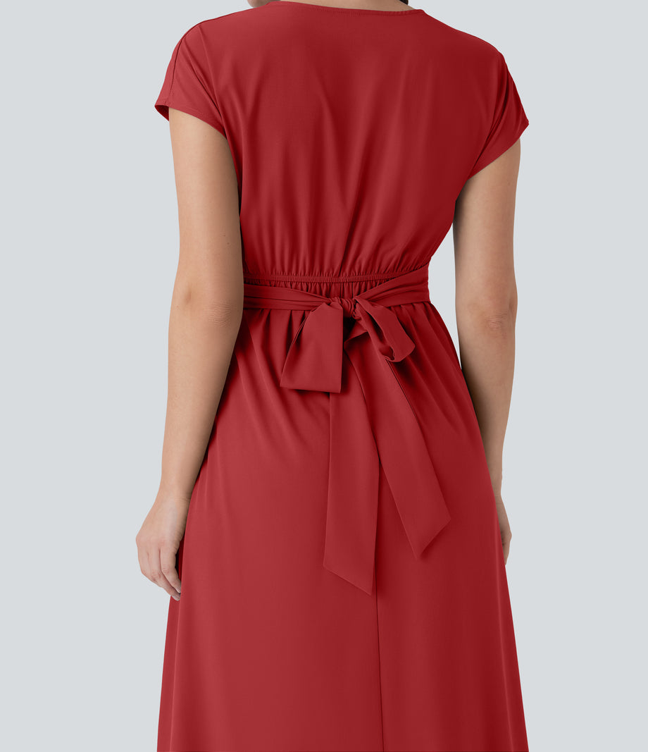 Breezeful™ V Neck Short Sleeve Pocket Tie Back Quick Dry Midi Casual Dress - Pompeian Red