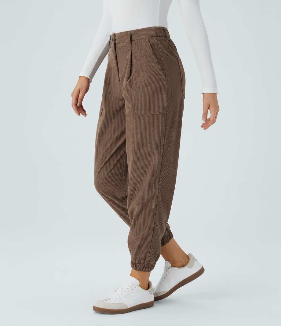 Mid Rise Zipper Pockets Corduroy Casual Joggers - Acorn