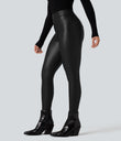 High Waisted Stretchy PU Fleece Casual Leggings with Pockets - Black