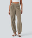 Crossover High Waisted Pocket Drawstring Casual Joggers - Khaki Floral Yarn