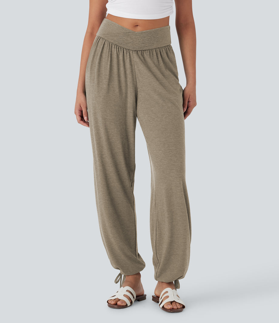 Crossover High Waisted Pocket Drawstring Casual Joggers - Khaki Floral Yarn