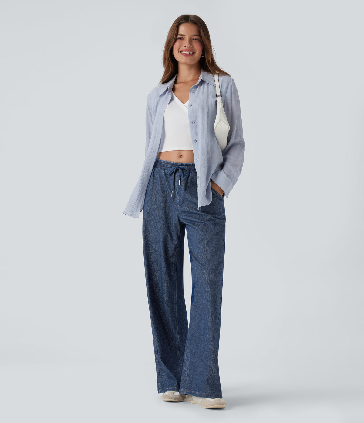 Halara Flex™ Low Rise Drawstring Wide Leg Sparkle Casual Sweatpants Jeans with Pockets - Tide Blue Denim