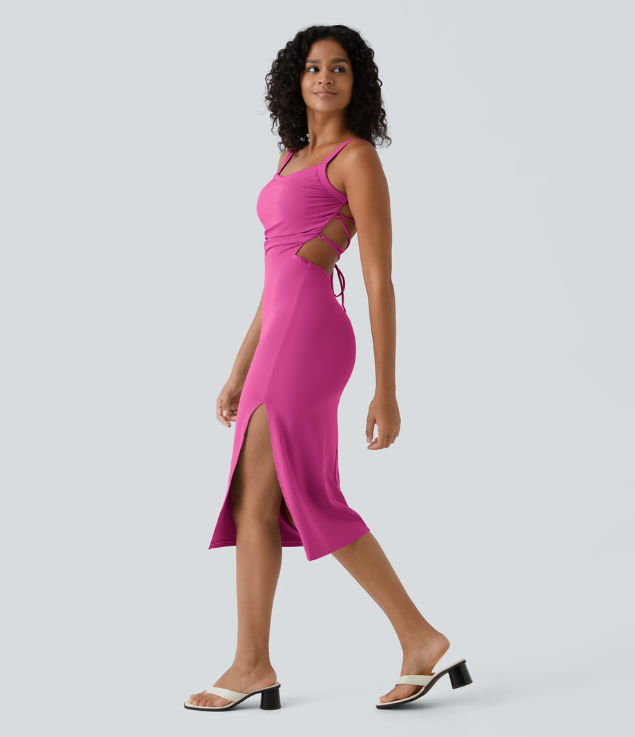 Ruched Lace Up Bodycon Midi Casual Dress - Fuchsia Fedora